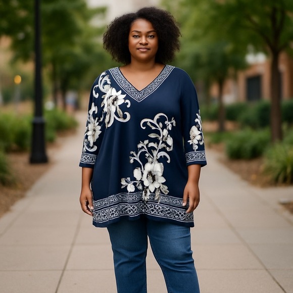 JM Collection Women's XXL Blue Floral Print 3/4 Sleeve V-Neck Tunic Top - Picture 1 of 11